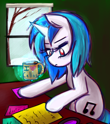 Size: 1200x1350 | Tagged: safe, artist:ryuredwings, dj pon-3, vinyl scratch, pony, unicorn, coffee, magic, morning ponies, solo