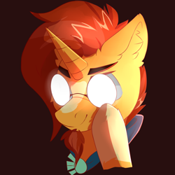 Size: 1500x1500 | Tagged: safe, artist:glazirka, sunburst, pony, unicorn, adjusting glasses, anime glasses, bust, ear fluff, facial hair, glasses, goatee, male, portrait, scary shiny glasses, smiling, solo, stallion