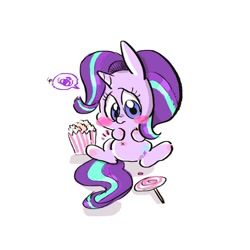 Size: 800x800 | Tagged: safe, artist:yang0, starlight glimmer, pony, unicorn, belly, belly button, blush sticker, blushing, candy, chibi, chubby, cute, female, food, frown, glimmerbetes, lollipop, mare, popcorn, popsicle, sad, simple background, sitting, spread legs, spreading, stomach ache, stomach noise, white background