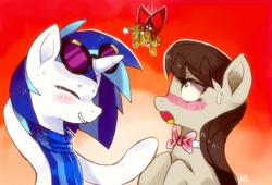 Size: 1308x887 | Tagged: dead source, safe, artist:si1vr, dj pon-3, octavia melody, vinyl scratch, earth pony, pony, blushing, christmas, clothes, female, holly, holly mistaken for mistletoe, lesbian, scarf, scratchtavia, shipping