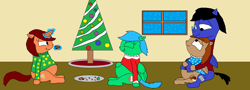 Size: 3904x1404 | Tagged: safe, oc, oc only, oc:blazewing, oc:maggie, oc:pecan sandy, oc:tough cookie, pegasus, pony, unicorn, christmas, christmas tree, chubby, clothes, cookie, cute, eating, eyes closed, female, food, happy, hearth's warming, holiday, hug, male, mare, plate, plump, smiling, snow, snuggling, stallion, sweater, tree, window, winter