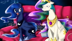 Size: 2900x1650 | Tagged: safe, artist:daughter-of-fantasy, princess celestia, princess luna, alicorn, pony, female, gamer luna, mare, two best sisters play