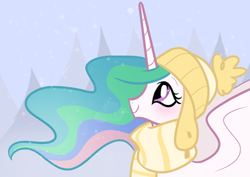 Size: 500x353 | Tagged: safe, artist:egophiliac, princess celestia, alicorn, pony, clothes, cute, cutelestia, hat, scarf, snow, snowfall, solo, winter