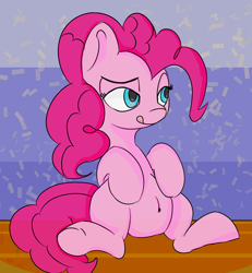 Size: 900x976 | Tagged: safe, artist:treekickerdraws, pinkie pie, earth pony, pony, abstract background, belly button, chubbie pie, chubby, female, mare, sitting, solo, tongue out, underhoof