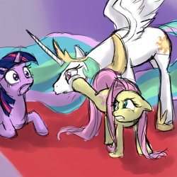 Size: 900x900 | Tagged: safe, artist:celerypony, fluttershy, princess celestia, twilight sparkle, alicorn, pegasus, pony, flutterbitch, kick, this will end in tears and/or a journey to the moon