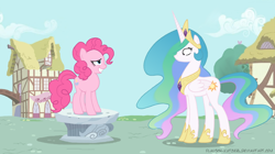 Size: 1000x558 | Tagged: dead source, safe, artist:flausch-katzerl, pinkie pie, princess celestia, alicorn, earth pony, pony, a friend in deed, awkward smile, duo, duo female, mare, pedestal, smiling, wide eyes