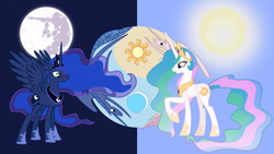 Size: 1920x1080 | Tagged: safe, artist:neodarkwing, princess celestia, princess luna, alicorn, pony, crown, female, horn, jewelry, mare, regalia, siblings, sisters, wallpaper