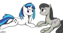 Size: 900x480 | Tagged: safe, artist:cs, dj pon-3, octavia melody, vinyl scratch, earth pony, pony, blushing, female, lesbian, scratchtavia, shipping