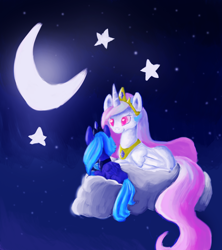 Size: 1600x1800 | Tagged: safe, artist:paintrolleire, princess celestia, princess luna, alicorn, pony, cloud, crescent moon, duo, duo female, female, moon, prone, sisters