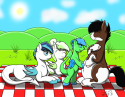 Size: 3284x2552 | Tagged: safe, artist:xyrrus, oc, oc only, oc:cirrus refin, oc:dusk rider, oc:pearl blossom, dracony, hybrid, chubby, cloud, cute, family, happy, hill, picnic, picnic blanket, sun