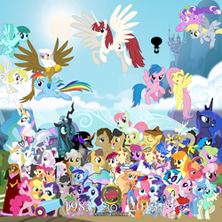 Size: 2000x2000 | Tagged: safe, artist:smwstudios, apple bloom, applejack, babs seed, berry punch, berryshine, big macintosh, bon bon, caramel, carrot top, catrina, cheerilee, daisy, derpy hooves, diamond tiara, discord, dj pon-3, doctor whooves, fancypants, firefly, flam, fleur-de-lis, flim, fluttershy, gilda, glory, golden delicious, golden harvest, granny smith, hoity toity, king sombra, lyra heartstrings, mayor mare, megan williams, minty, minuette, octavia melody, photo finish, pinkie pie, posey, prince blueblood, princess cadance, princess celestia, princess luna, queen chrysalis, rainbow dash, rarity, roseluck, sapphire shores, scootaloo, screwball, shining armor, silver spoon, spike, spring melody, sprinkle medley, sundance, surprise, sweetie belle, sweetie drops, trixie, twilight sparkle, twist, vinyl scratch, oc, oc:fausticorn, alicorn, changeling, changeling queen, dragon, earth pony, griffon, pegasus, pony, unicorn, g1, 30th anniversary, apple family member, bedroom eyes, bowtie, cloud, cloudy, cutie mark crusaders, everypony, flim flam brothers, flying, g1 to g4, generation leap, glare, grin, happy, hug, lauren faust, looking at you, male, open mouth, smiling, smirk, so much pony, spread wings, stallion, wink