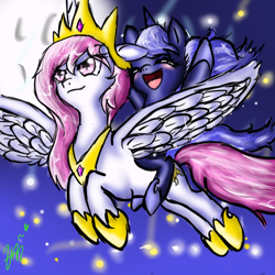 Size: 500x500 | Tagged: safe, artist:micyfuzzy, princess celestia, princess luna, alicorn, pony, eyes closed, female, flying, happy, moon, night, open mouth, ponies riding ponies, riding, stars