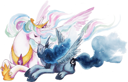 Size: 900x584 | Tagged: safe, artist:kirishin, princess celestia, princess luna, alicorn, pony, cutie mark, duo, duo female, female, horn, jewelry, looking at each other, nuzzling, prone, regalia, simple background, wings