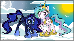 Size: 1200x678 | Tagged: dead source, safe, artist:baby-bling, nightmare moon, princess celestia, alicorn, pony, duo, duo female, female, moon, sun