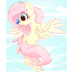 Size: 1500x1500 | Tagged: safe, artist:glazirka, fluttershy, butterfly, pegasus, pony, butterfly on nose, chest fluff, cute, ear fluff, female, flying, head turn, insect on nose, leg fluff, looking at something, mare, profile, shyabetes, sky, smiling, solo, spread wings, wings