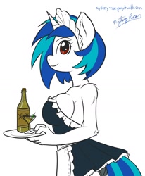 Size: 1318x1601 | Tagged: safe, artist:mysteryrose, dj pon-3, vinyl scratch, anthro, unicorn, armpits, breasts, clothes, female, maid, sideboob, solo, vinyl stacked