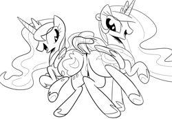 Size: 910x630 | Tagged: safe, artist:tess, princess celestia, princess luna, alicorn, pony, butt bump, butt to butt, butt touch, monochrome, moonbutt, plot, sisters, sunbutt