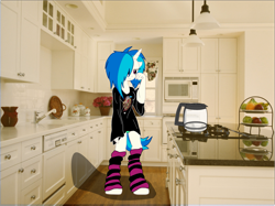 Size: 1669x1251 | Tagged: safe, artist:jaxstern256, artist:zedrin, dj pon-3, vinyl scratch, anthro, bed mane, clothes, irl, kitchen, morning ponies, nightgown, photo, ponies in real life, socks, solo, striped socks