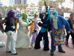 Size: 1024x768 | Tagged: safe, artist:checkerboardprincess, dj pon-3, queen chrysalis, rarity, spike, vinyl scratch, changeling, changeling queen, human, comic con, cosplay, irl, irl human, photo, san diego comic con