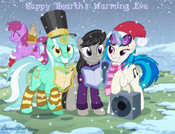 Size: 930x712 | Tagged: safe, artist:brianblackberry, berry punch, berryshine, dj pon-3, lyra heartstrings, octavia melody, vinyl scratch, earth pony, pony, carol, caroling, christmas, clothes, hat, hearth's warming, leg warmers, santa hat, scarf, snow, snowfall, socks, striped socks, sweater