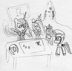 Size: 1319x1295 | Tagged: safe, artist:slizergiy, princess celestia, princess luna, shining armor, twilight sparkle, alicorn, pony, unicorn, monochrome, newbie artist training grounds