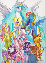 Size: 2550x3501 | Tagged: safe, artist:asterdog, applejack, fluttershy, pinkie pie, princess celestia, rainbow dash, rarity, spike, twilight sparkle, alicorn, dragon, earth pony, pegasus, pony, unicorn, clothes, dress, gala dress, high res, mane seven, mane six, traditional art