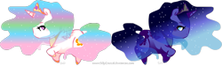 Size: 981x294 | Tagged: dead source, safe, artist:conphettey, princess celestia, princess luna, alicorn, pony, chibi, ethereal mane, female, mare, simple background, starry mane, transparent background