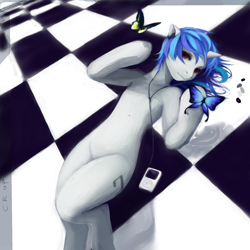 Size: 1280x1280 | Tagged: safe, artist:crop, artist:verrrrry, dj pon-3, vinyl scratch, butterfly, pony, semi-anthro, unicorn, female, headphones, ipod, looking at you, lying down, mp3 player, music player, on back, red eyes, solo