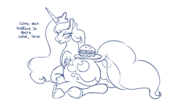 Size: 1835x1088 | Tagged: safe, artist:mellowhen, princess luna, alicorn, pony, both cutie marks, burger, chubby, crown, dialogue, food, horseshoes, jewelry, lineart, looking at you, looking back, looking back at you, moonbutt, open mouth, plate, plot, prone, regalia, seductive look, solo, speech, the ass was fat