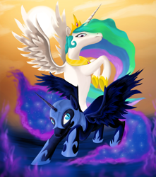 Size: 1200x1360 | Tagged: safe, artist:macflash2, nightmare moon, princess celestia, alicorn, pony, armor, jewelry, looking at each other, regalia, slit eyes, spread wings, white sclera, wings