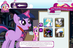 Size: 1014x675 | Tagged: safe, screencap, chief thunderhooves, king sombra, princess cadance, princess celestia, shining armor, twilight sparkle, unicorn twilight, zecora, alicorn, buffalo, pony, unicorn, zebra, spoiler:s03, clipboard, hasbro, library, my little pony logo, official, pony wedding, question, quill, quiz, royal wedding