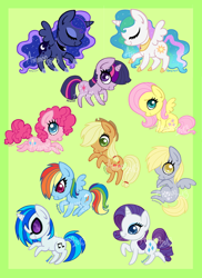 Size: 600x825 | Tagged: safe, artist:amenoo, applejack, derpy hooves, dj pon-3, fluttershy, pinkie pie, princess celestia, princess luna, rainbow dash, rarity, twilight sparkle, vinyl scratch, alicorn, earth pony, pegasus, pony, unicorn, chibi, female, mane six, mare