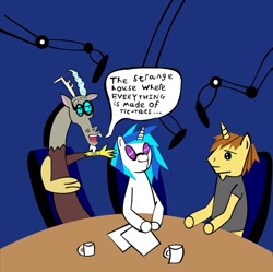 Size: 1024x1019 | Tagged: safe, artist:jewelsfriend, discord, dj pon-3, donut joe, vinyl scratch, pony, unicorn, comic, crossover, glasses, karl pilkington, parody, ricky gervais, stephen merchant