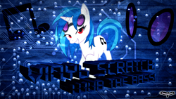 Size: 1920x1080 | Tagged: safe, artist:utterlyludicrous, dj pon-3, vinyl scratch, pony, unicorn, cutie mark, female, glasses, hooves, horn, mare, smiling, solo, sunglasses, teeth, text, vector, wallpaper