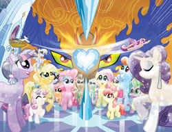 Size: 1000x771 | Tagged: safe, artist:tonyfleecs, idw, apple bloom, applejack, bon bon, derpy hooves, dj pon-3, doctor whooves, fluttershy, king sombra, lyra heartstrings, pinkie pie, princess cadance, rainbow dash, rarity, scootaloo, shining armor, spike, sweetie belle, sweetie drops, twilight sparkle, vinyl scratch, alicorn, crystal pony, dragon, earth pony, pegasus, pony, unicorn, clean, comic, cover, crystal heart, crystal rarity, crystal spike, crystallized, cutie mark crusaders, epic wife tossing, female, filly, mane seven, mane six, mare, official, official comic