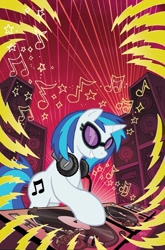 Size: 757x1149 | Tagged: safe, artist:tonyfleecs, idw, dj pon-3, vinyl scratch, pony, unicorn, clean, comic, cover, grin, headphones, official, official comic, smiling, turntable