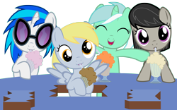 Size: 4320x2700 | Tagged: safe, artist:beavernator, derpy hooves, dj pon-3, lyra heartstrings, octavia melody, vinyl scratch, earth pony, pony, absurd resolution, cute, derpabetes, female, filly, filly derpy, filly lyra, filly vinyl scratch, milkshake, milkshake ponies