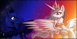 Size: 900x458 | Tagged: safe, artist:inuhoshi-to-darkpen, princess celestia, princess luna, alicorn, pony, female, mare