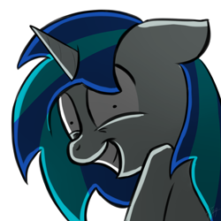 Size: 1080x1080 | Tagged: safe, artist:muzza299, dj pon-3, vinyl scratch, pony, unicorn, creepy, insanity, rapeface, smiling, solo