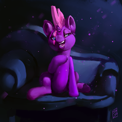 Size: 2000x2000 | Tagged: safe, artist:imoriginalposter, artist:smutsage, tempest shadow, pony, unicorn, broken horn, chubby, colored, complex background, female, horn, mare, sitting, smug, sofa, solo, wat