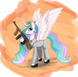 Size: 2303x2274 | Tagged: safe, artist:otakuap, princess celestia, alicorn, pony, clothes, gun, hat, high res, mob boss, solo, submachinegun, tommy gun, weapon