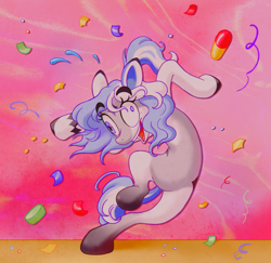 Size: 1448x1408 | Tagged: safe, artist:littmosa, oc, oc:lynxie, earth pony, pony, commission, confetti, crazy face, dancing, derp, faic, open mouth, pills, pink background, simple background, smiling