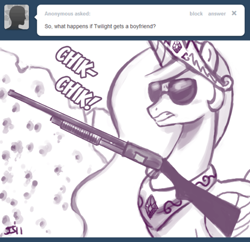 Size: 500x483 | Tagged: safe, artist:johnjoseco, princess celestia, alicorn, pony, ask princess molestia, comic, gun, princess molestia, shotgun, solo