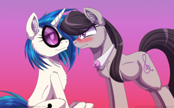 Size: 900x561 | Tagged: safe, artist:inuhoshi-to-darkpen, dj pon-3, octavia melody, vinyl scratch, earth pony, pony, blushing, chest fluff, female, fluffy, glare, lesbian, scratchtavia, shipping, stare