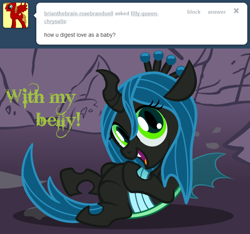 Size: 640x598 | Tagged: safe, artist:srsishere, queen chrysalis, changeling, changeling queen, age regression, ask, cave, chubby, cute, cutealis, female, filly, filly-queen-chrysalis, looking at you, on back, solo, speech, text, tumblr