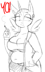 Size: 388x623 | Tagged: safe, artist:kaywhitt, anthro, big breasts, breasts, chubby, cigarette, commission, goth, smoke, solo, ych example, your character here