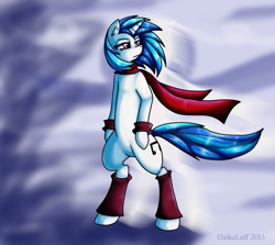 Size: 895x797 | Tagged: safe, artist:daikaluff, dj pon-3, vinyl scratch, pony, bipedal, clothes, scarf, windswept mane