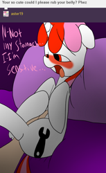 Size: 382x624 | Tagged: safe, artist:datte-before-dawn, derpibooru import, oc, oc only, oc:righty tighty, ask, bellyrubs, blushing, explicit source, hand, tumblr