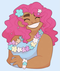 Size: 1385x1652 | Tagged: safe, artist:geisharozu, pinkie pie, human, blue background, chubby, dark skin, eyes closed, flower, flower in hair, grin, humanized, lei, simple background, smiling, solo