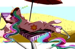 Size: 2300x1500 | Tagged: safe, artist:fizzlesoda2000, princess celestia, alicorn, pony, beach, beach chair, beach umbrella, female, hat, lounging, mare, ocean, on back, relaxing, solo, straw, straw in mouth, sun hat, water